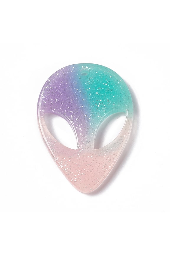 30pcs Resin Pendants Alien Face Charms with Glitter Powder Plum 39x29x3.5mm Hole: 2.3mm DIY