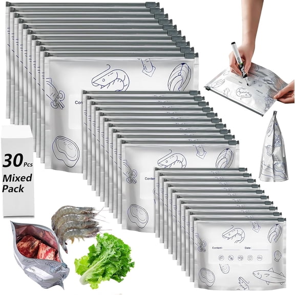 30pcs Reusable Aluminum Foil Sealable Storage Bags, 2026 New Thicken Stand Up Foil Sealable Bags with Label and Zip Lock, Aluminum Foil Bags for Food, Vegetable Fruit Meat