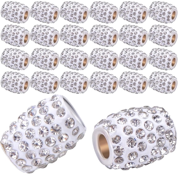 30pcs Rhinestone Barrel Beads Polymer Clay Crystal European Beads Loose Charm Beads with 5.2 mm Large Hole for DIY Snake Chains Bracelet Jewelry Making Accessories, White