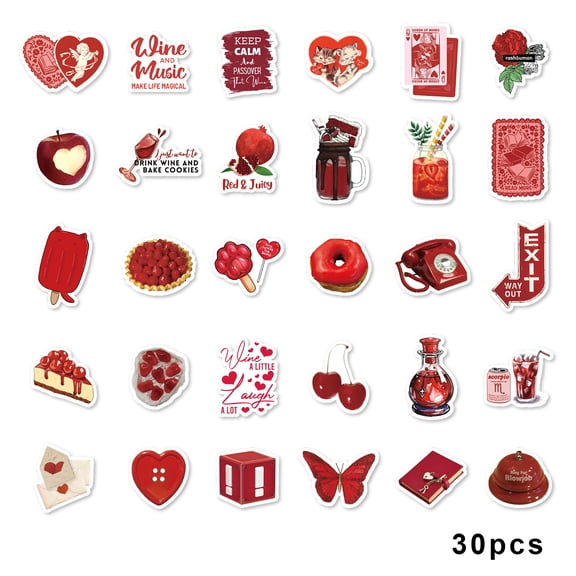 30pcs Rose, Cherry Red Graffiti Stickers Decorated Notebook Water Cup Suitcase Guitar Classic Toy Scrapbook Waterproof PVC Decal
