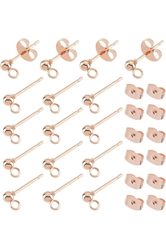 30pcs Rose Gold Ball Stud Earring Hypoallergenic Earring Post Stainless Steel Studs with Loop and Ear Nuts for Jewelry Earring Making 14x3mm for DIY