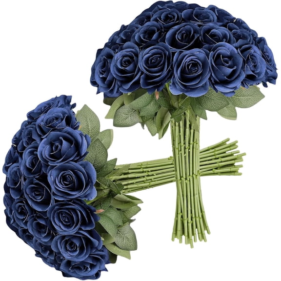 30 PCS Navy Blue Artificial Roses, Long Stem Silk Fake Flowers for Wedding Bouquet Centerpieces Bridal Baby Shower Home Decor