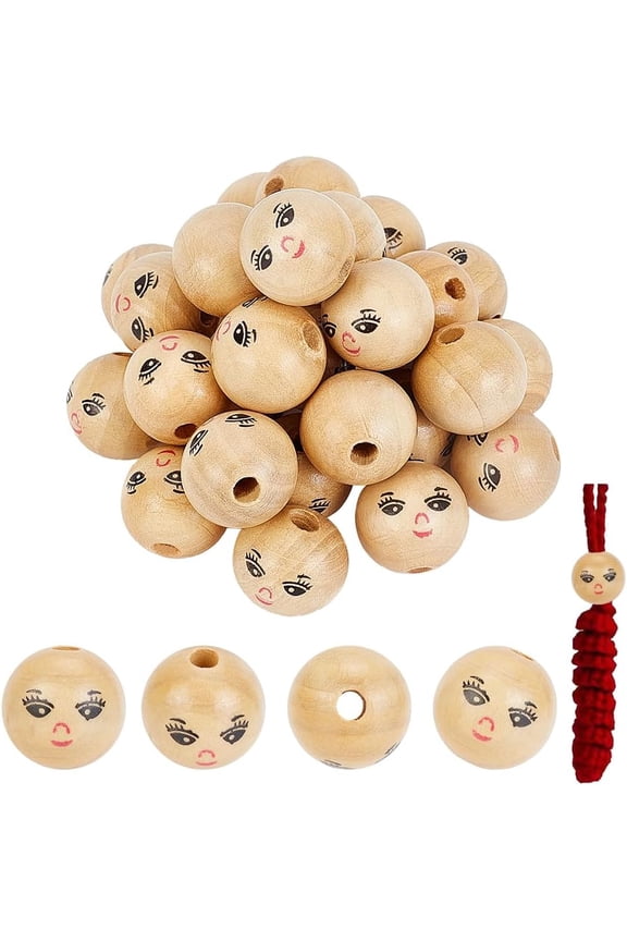 30pcs Schima Wood Beads Round Spacer Ball Beads with Hole Round with Face Head Beads DIY Jewelry Finding Macrame Pendant Crafts (Burlywood L:21.5mm Hole: 4.5mm)