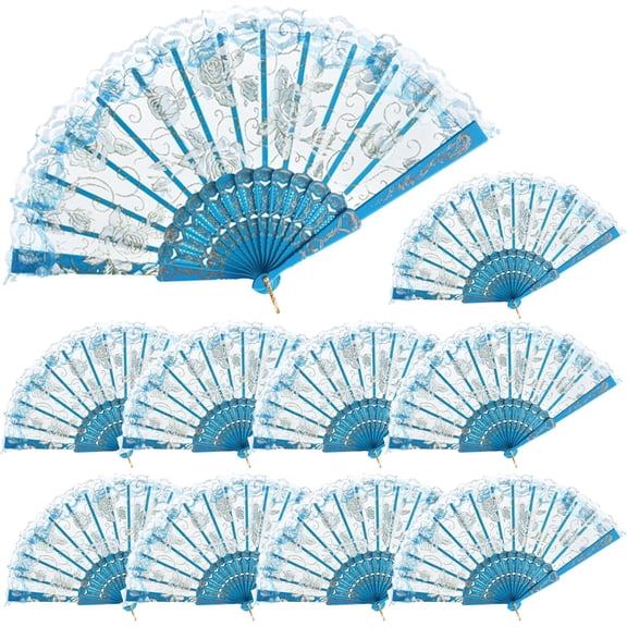 30pcs Silk Folding Hand Fans,Silk Fans,Yellow Rose Fans,Perfect for Weddings, Parties, and Dancing,Yellow-Light Blue-30 PACK
