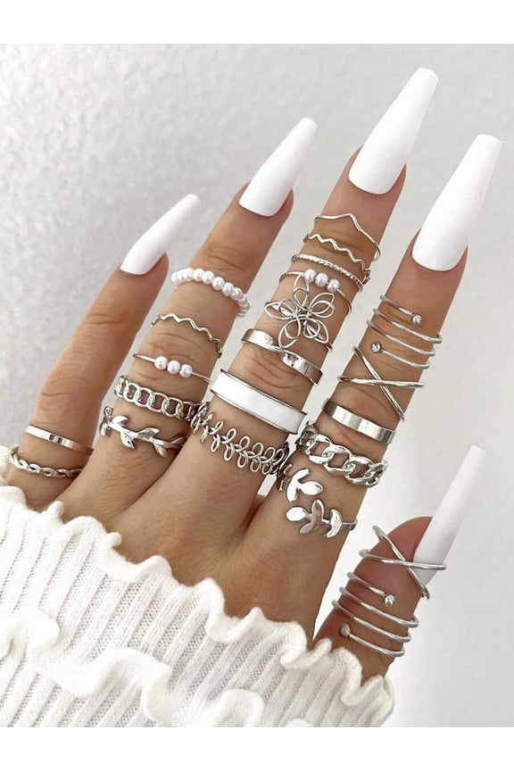 30pcs Silver Light Luxury Geometric Wave Design Ring Set With Pearls For Women Daily Wear