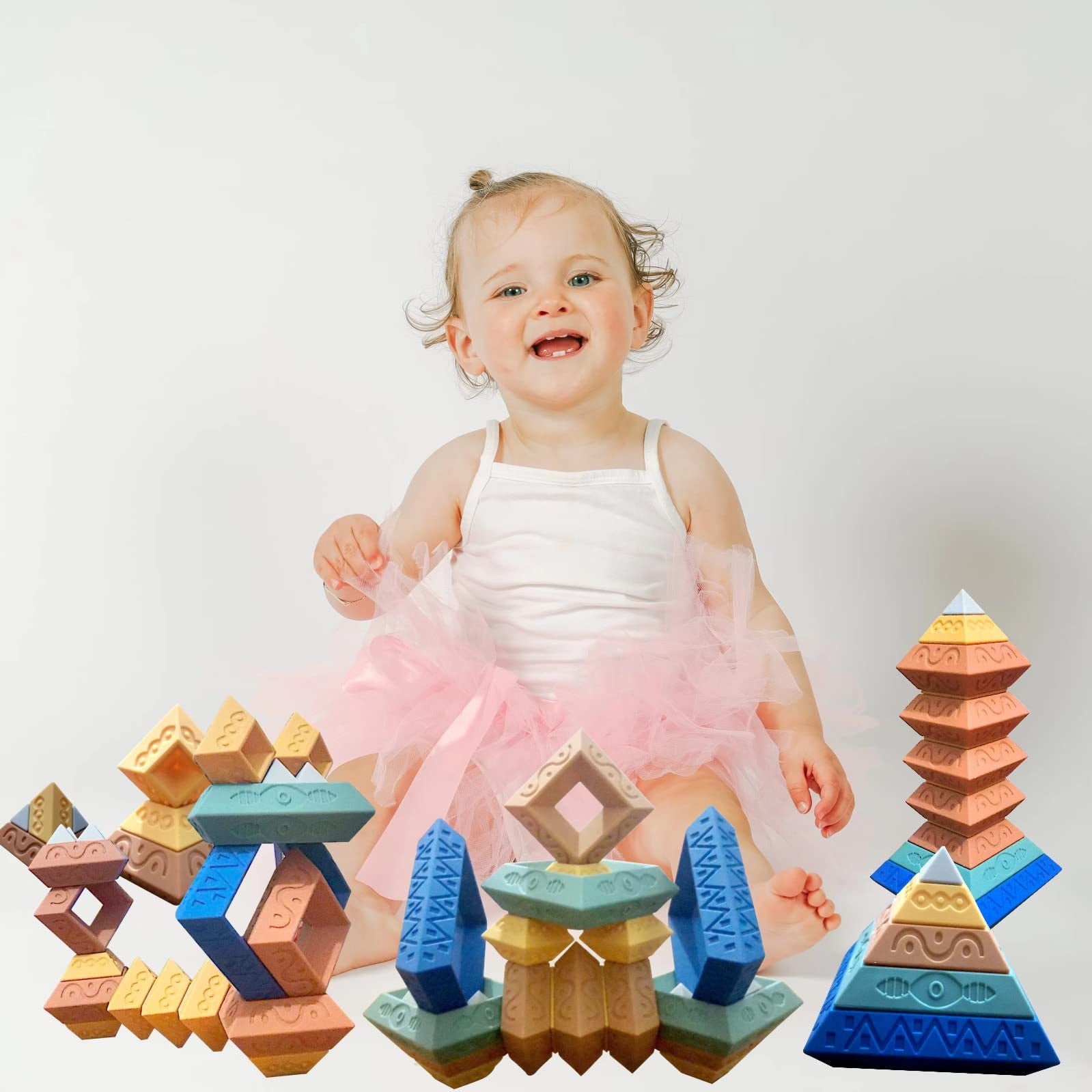 30pcs Softs Silicone Pyramid Stacking Building Blocks for Toddlers Age
