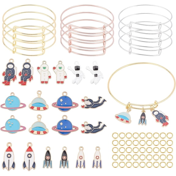30pcs Space Pendants 12pcs Expandable Wire Bangles Adjustable Bracelets 100pcs Jumping Rings 7cm(2-3/4inch) Bracelet Making Kit for DIY Jewelry Making Crafts Mixed Color