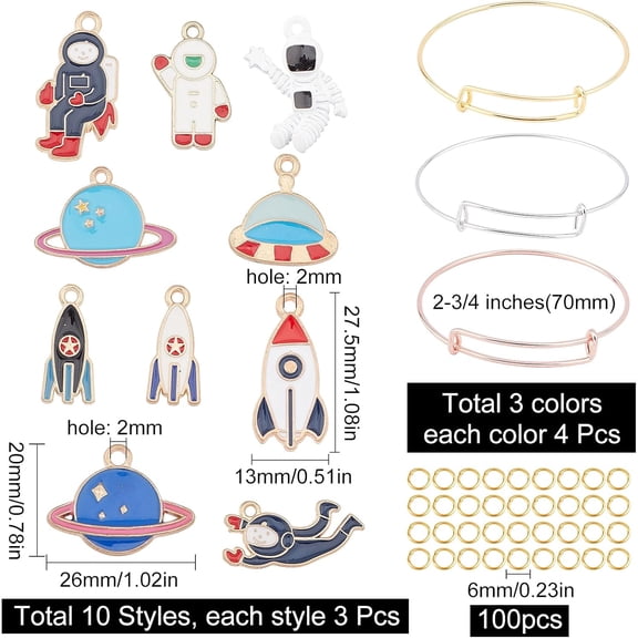 30pcs Space Pendants 12pcs Expandable Wire Bangles Adjustable Bracelets 100pcs Jumping Rings 7cm(2-3/4inch) Bracelet Making Kit for DIY Jewelry Making Crafts
