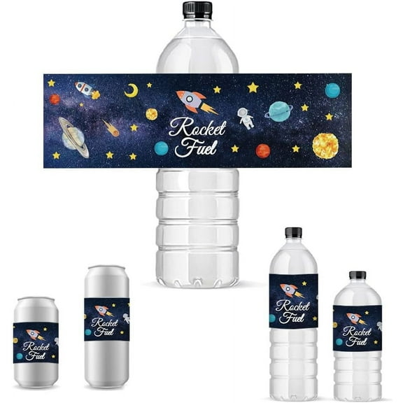 30pcs Space Water Bottle Sticker Labels Rocket Bottle Wraps Waterproof Bottle Labels Personalized Party Favor Decorations for Wedding Birthday Party Anniversary 8.5x2.5inch