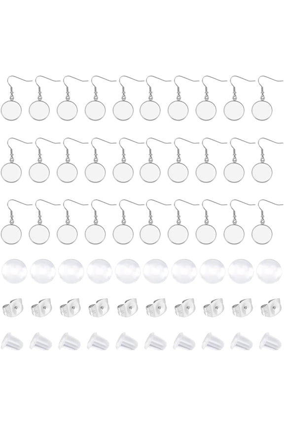 30pcs Stainless Steel Earring Blank Bezels 16mm Flat Round Dangle Earring Trays Small Earring Wire Hooks Stainless Steel Cabochon Earrings for Earring Jewelry Making