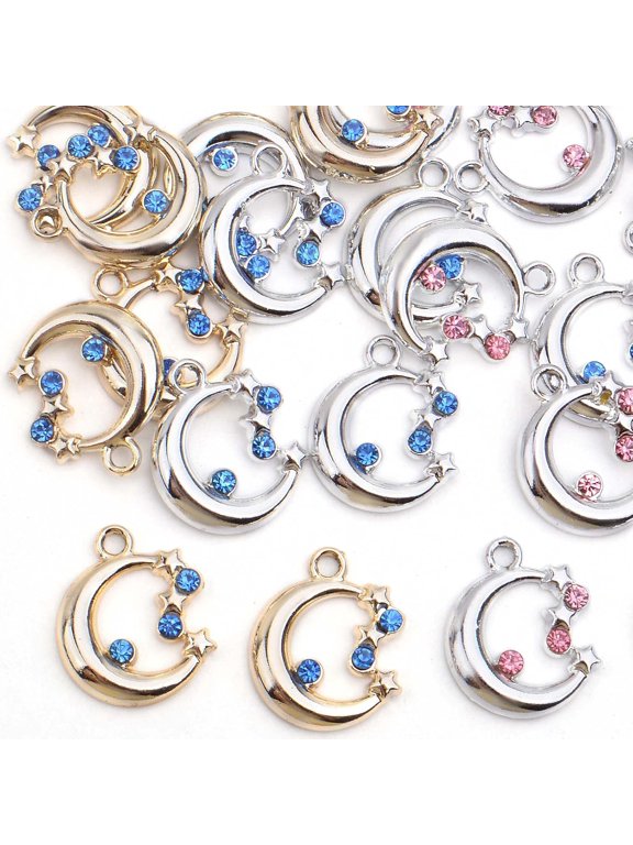 30pcs Star and Crescent Moon Charms with Shiny Rhinestone Alloy Celestial Dangle for DIY Bracelet Necklace Earrings Crafts Decor 3 Colors