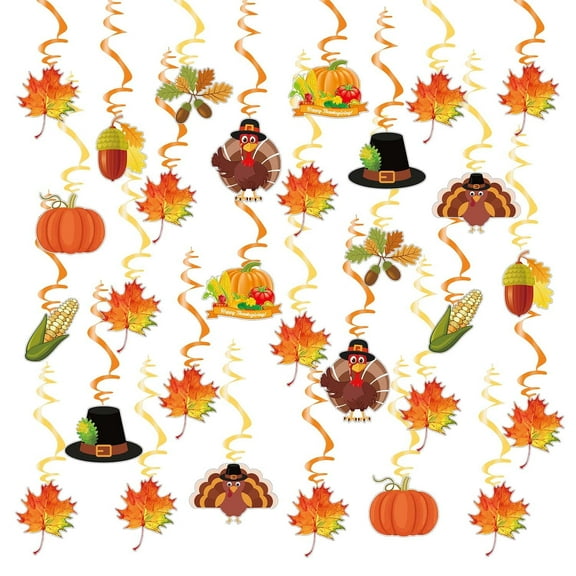 30pcs Thanksgiving Hanging Swirl Decorations, Hanging Fall Maple Leaves Decorations Pumpkin Turkey Pattern Decor for Indoor Home Classroom Ceilings Autumn Thanksgiving Party