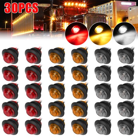 30pcs Vehicle Marker Lights, TSV 3/4inch Trailer Side Marker Clearance Bullet LED Light, Amber Red White Waterproof Round Indicator Lamp for 12VTruck, RV, Car, Pickup, Boat, Bus