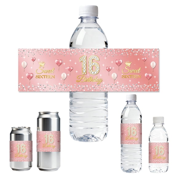 30pcs Water Bottle Labels 16 Years Old Birthday with Diamond Waterproof Sticker 8.51" x 2.51" Rectangle Water Bottle Wraps StickerDIY