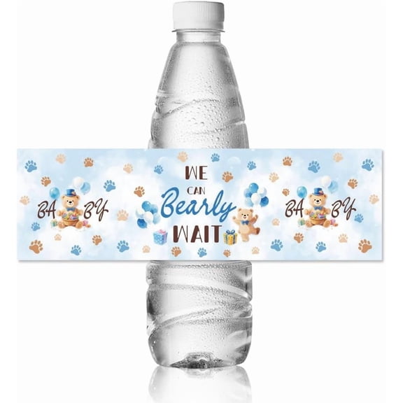30pcs Water Bottle Labels Bear and Bear Paw Print Waterproof Sticker 8.51" x 2.51" Rectangle Water Bottle Wraps Sticker for Wedding Birthday Anniversary Party Event Silver
