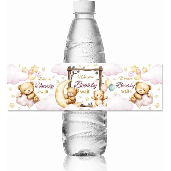 30pcs Water Bottle Labels Bears and Moon Waterproof Sticker 8.51" x 2.51" Rectangle Water Bottle Wraps Sticker for Wedding Birthday Anniversary Party Event colorful