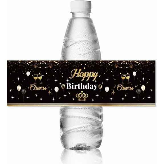 30pcs Water Bottle Labels Happy Birthday with Crown Waterproof Sticker 8.51" x 2.51" Rectangle Water Bottle Wraps Sticker for Birthday Anniversary Party Event