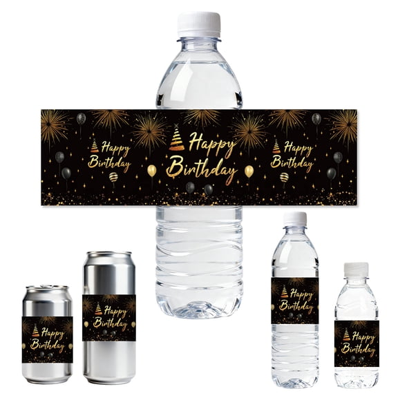 30pcs Water Bottle Labels Happy Birthday with Fireworks Waterproof Sticker 8.51" x 2.51" Rectangle Water Bottle Wraps StickerDIY