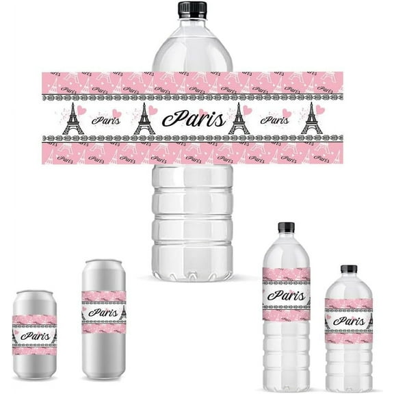 30pcs Water Bottle Labels Paris Tower Bottles Stickers Decorative Pink Bottles Wrappers Waterproof Bottle Wraps for Birthday Party Favors Themed Event Water Labels Supplies