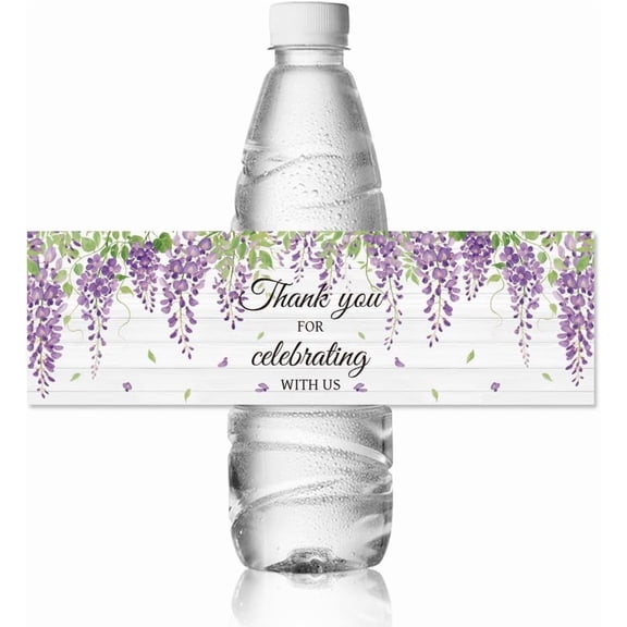 30pcs Water Bottle Labels Purple Flower Vine Waterproof Sticker 8.51" x 2.51" Rectangle Water Bottle Wraps Sticker for Wedding Birthday Anniversary Party Event Colorful