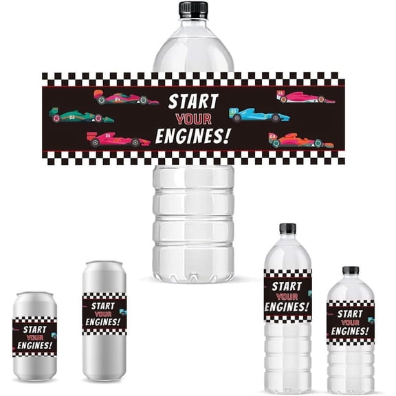 30pcs Water Bottle Labels Waterproof Labels 21.6x6.4cm/ 8.5x2.5inches Rectangle Bottle Label Start Your Engines Bottle Wraps Adhesive Stickers for Race Car Party Decorations Supplies