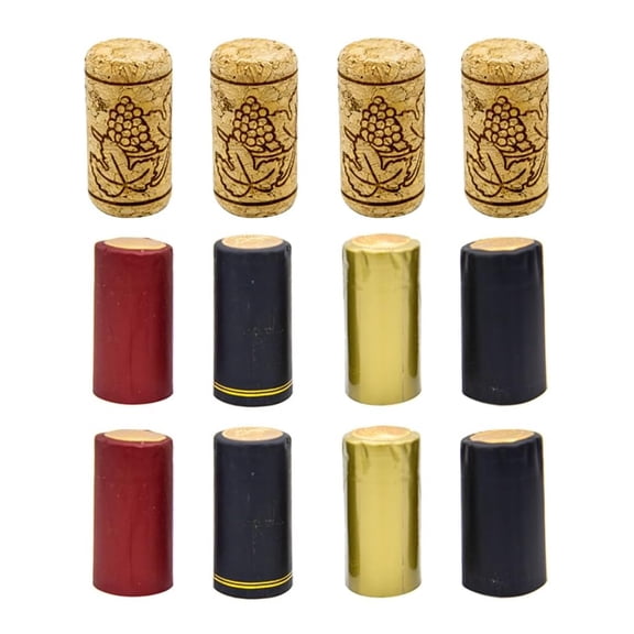 JOWNEEL 30pcs Wine Bottle Cork Stoppers and 40pcs PVC Heat Shrink Capsules (4 Color), Wine Bottle Tops Seal Corks, Wine Shrink Wrap Shrink Caps for Wine Bottles
