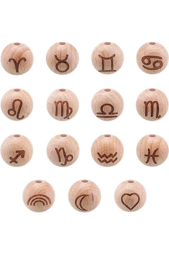 30pcs Wood Beads 20mm Twelve Constellations Pattern Natural Round Wooden Loose Spacer Beads Craft Supplies for DIY Bracelets Necklaces
