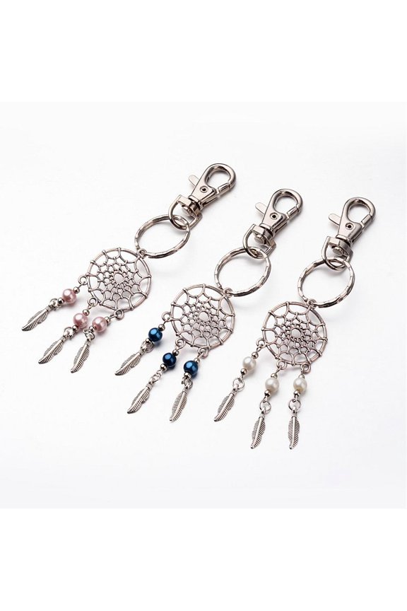 30pcs Woven Net/Web with Feather Keychain Alloy Glass Pearl Keychain with Alloy Swivel Clasps Mixed color 125mm