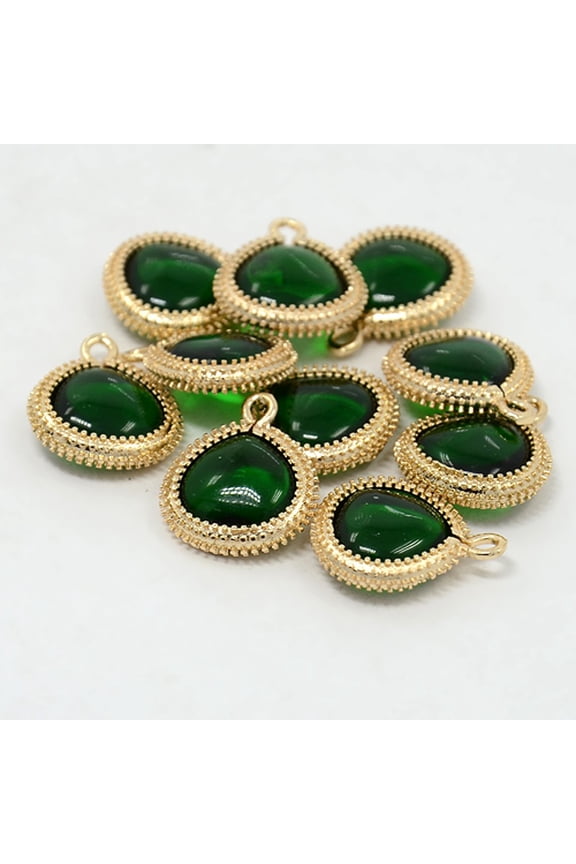30pcs golden Brass Glass Pendants Triangle Green 19x16x5.5mm Hole: 2mm