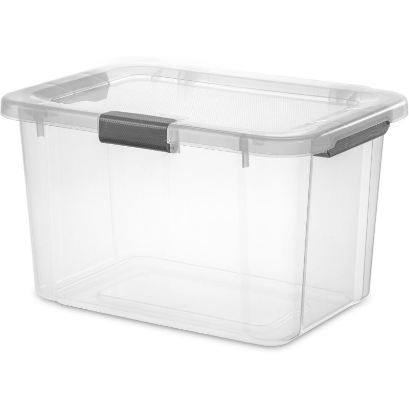 30qt Hinged Lid Latch Box: Plastic Storage Tote with Built-In Handles ...