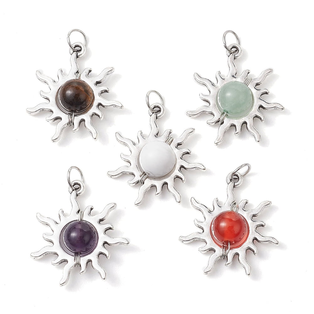 30sets 5pcs 5 styles Mixed Stone Round Pendants style Alloy Sun with 304 Stainless Steel Jump Rings Antique Silver 26.5x24x9mm Hole: 5mm 1pc/style
