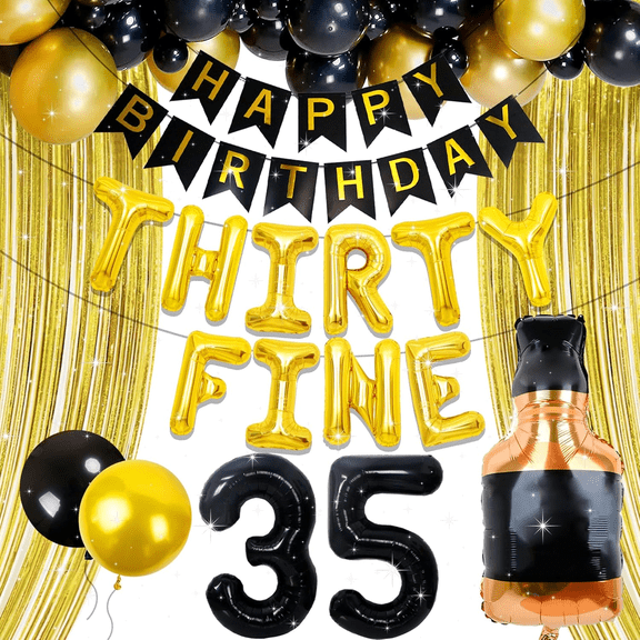30th 35th Birthday Decorations Black Gold Theme - ThirtyFine Adult Milestone Party Decor Set