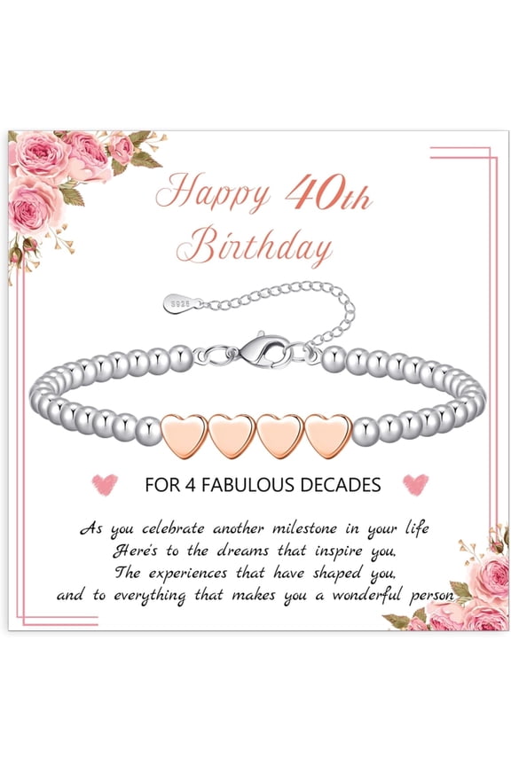 30th 40th 50th 60th 70th Birthday Gifts for Women,Bead Bracelet with Rose Gold plated Heart Adjustable Silver Bracelet for Women Birthday Gifts with Card for Mum Daughter Sister Grandma