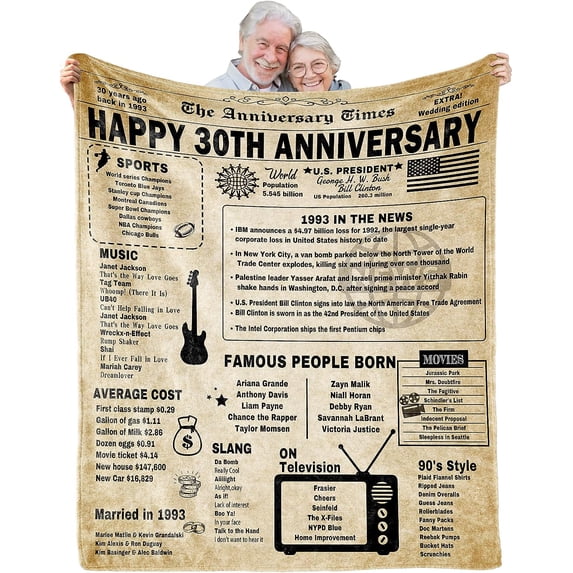 30th Anniversary Blanket Gifts Gift for 30th Pearl Wedding Anniversary 30 Years of Marriage Gifts for Her Him Couple Wife Husband Dad Mom Parents Back in 1993 Throw Blanket 60Lx50W Inch