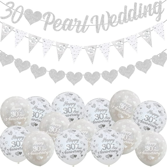 30th Anniversary Decorations, 30th Silver Wedding Glitter Banners, 30th Anniversary Bunting Flag and Balloons for Anniversary Party Supplies