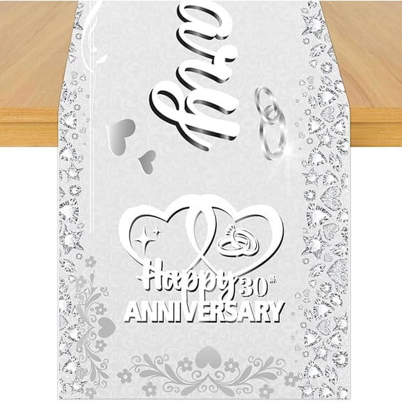 30th Anniversary Wedding Table Runner, Slivery Happy 30th Anniversary Linen Fabric Table Runner 72 X 13 Inches Washable Table Cover for 30th Pearl Wedding Anniversary Kitchen Dining Table Decor