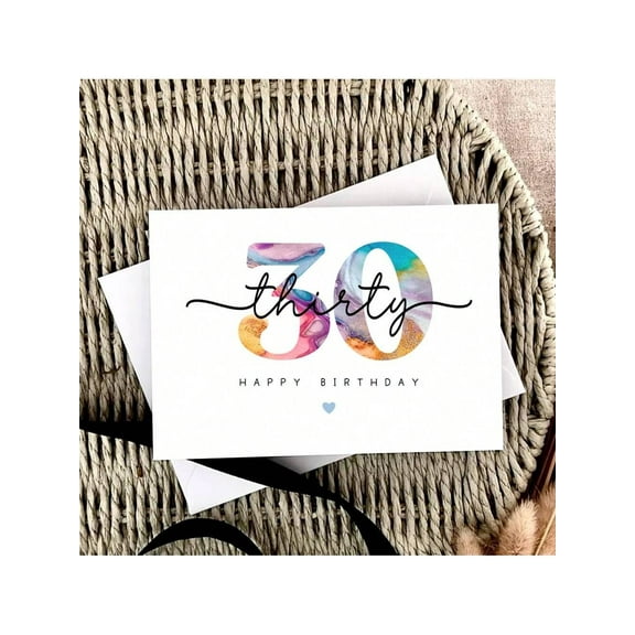 30th Birthday Card  Colorful "Thirty" Design with Stylish Script  Perfect for Celebrating Milestone Birthdays  Includes Envelope, Blank Inside for Personal Messages