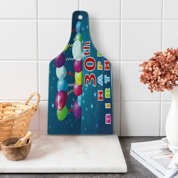 30th Birthday Cutting Board, Colorful Flying Balloons and Curly Ribbons on the Starry Background Print, Tempered Glass Cutting and Serving Board, Wine Bottle Shape, Multicolor, by Ambesonne