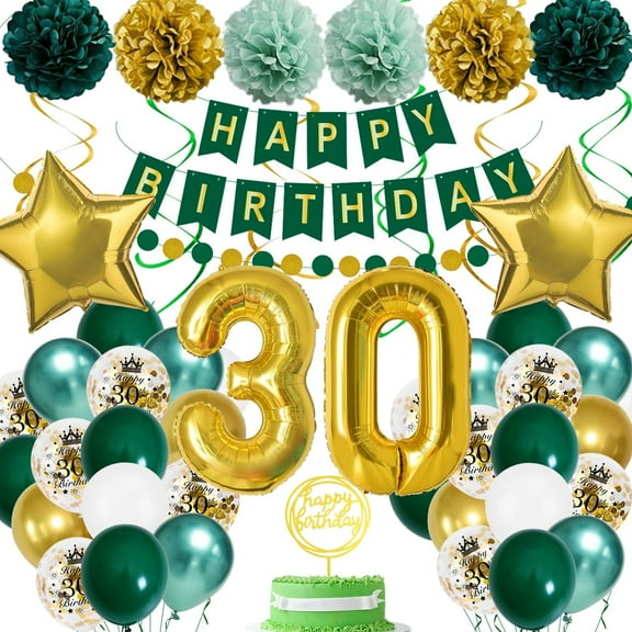 30th Birthday Decoration, Green and Gold Balloons for Boy and Girl, Garland and 30th Birthday Party Decorations for Men Women