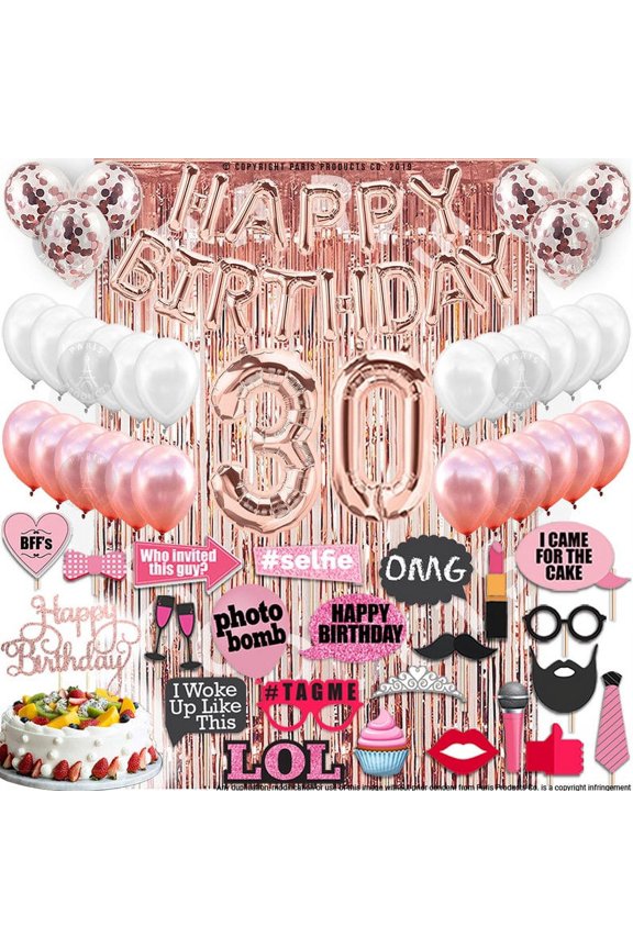 30th Birthday Decoration Rose Gold, 30 Party Supplies Decoration, 30th Sash, 30 Cake Topper, 30th Photo Props, confetti Balloons, Curtain