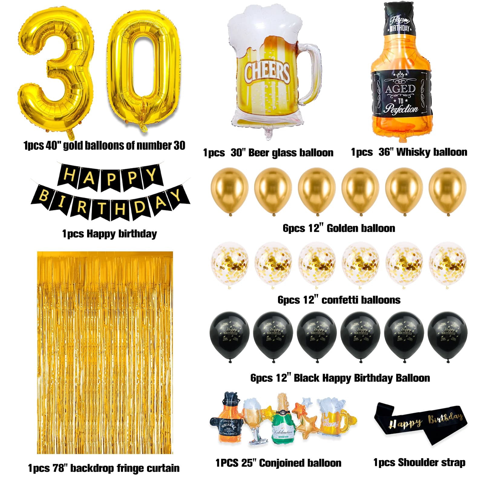 30th Birthday Decorations AJH3 for Him, Black and Gold 30th Birthday
