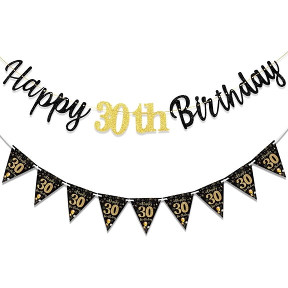 30th Birthday Decorations Banner Women Men, Black Gold Happy 30thBirthday Banners for Men Women (Birthday 30th)