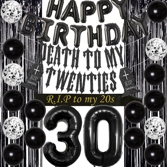 30th Birthday Decorations for Him Her Black Death to My Twenties Banner, Rip to My 20s Sash, Number 30 Balloon, Happy Birthday Balloon Banner, Foil Curtain for Funny Thirtieth Birthday Party Supplies