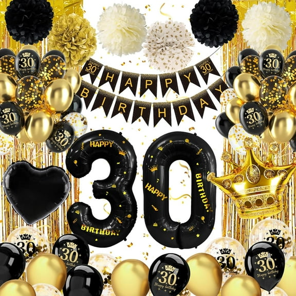 30th Birthday Decorations Black Gold, 30th Birthday Decorations for Men Women with 30th Birthday Balloons, Banner, Foil Curtain for Her Him