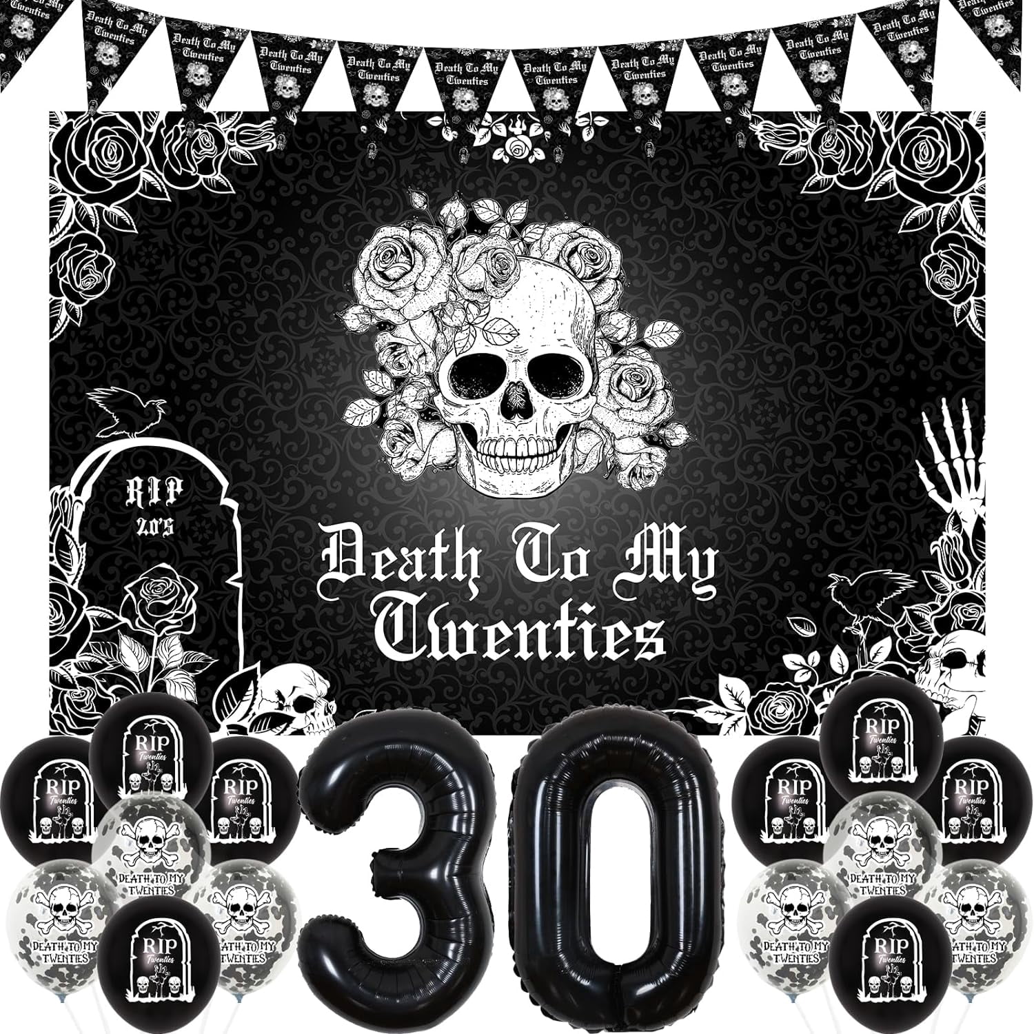 30th Birthday Decorations Black, Rip to My 20s Backdrop, Death to My ...