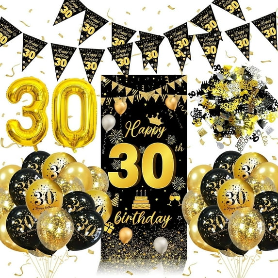 30th Birthday Decorations for Boys, Black and Gold 30th Birthday Decorations with Banner, 30th Birthday Balloons, Boys 30th Birthday Party Decorations