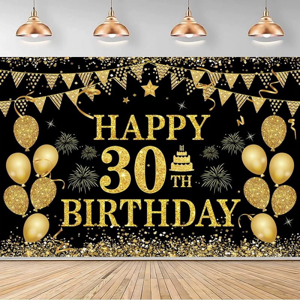 Cheers To 30 Years Party Banner – Schwarz-goldenes Hintergrundbanner 1.9x1.1 M Für 30. Geburtstag Oder Jubiläum