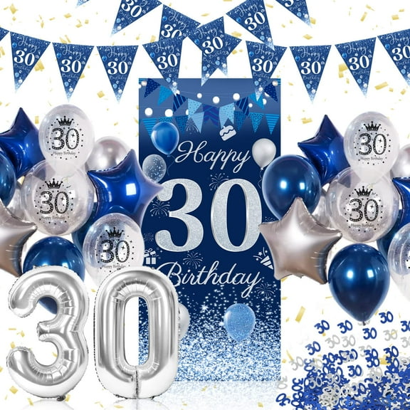 30th Birthday Decorations for Him, Blue and Silver Party Decorations Balloons with 30th Birthday Banner Triangle Flag Birthday Confetti Balloons for Men