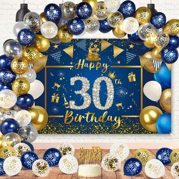 30th Birthday Decorations for Men, Blue Gold 30th Birthday Decorations Kit Include Birthday Banner, Confetti Balloons, 30th Sign Poster Birthday Photo Background