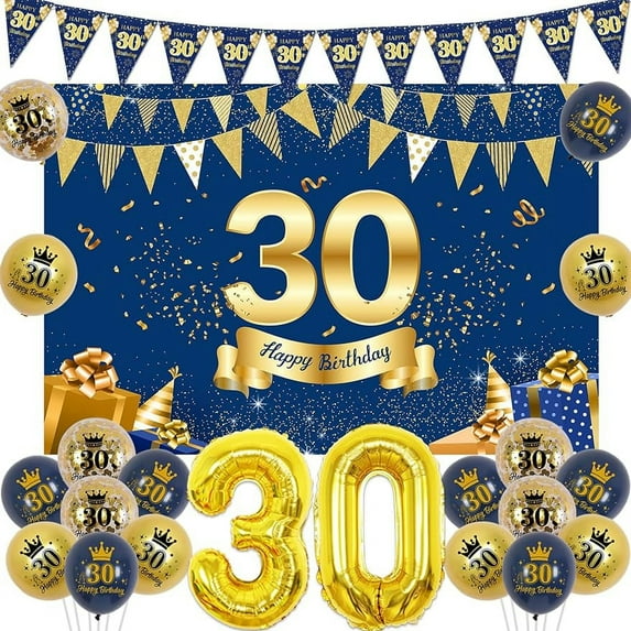 30th Birthday Decorations for Men Navy Blue and Gold, Happy 30th Birthday Backdrop, Triangle Flag Banner, Number 30 Balloon, Thirty Year Old Birthday Party Supplies